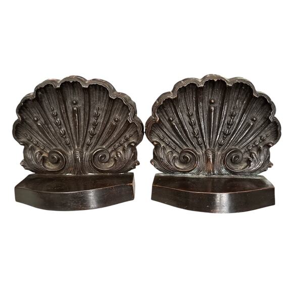Vintage Bronze Look Ornate Victorian Swirl Shell Bookend Set - Picture 1 of 10